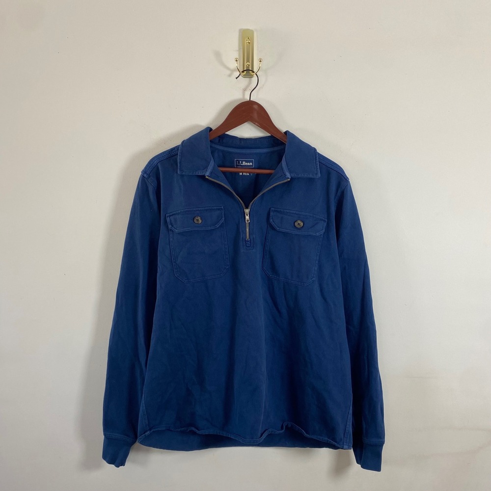 L.L. Bean Quarter Zip Long Sleeve Shirt Chest Pockets Dark Blue Cotton Mens‎ Lg